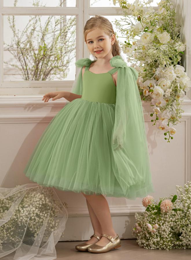 Take Two Girls Bow Sleeveless Cape Detail Mesh Dress - Image 1